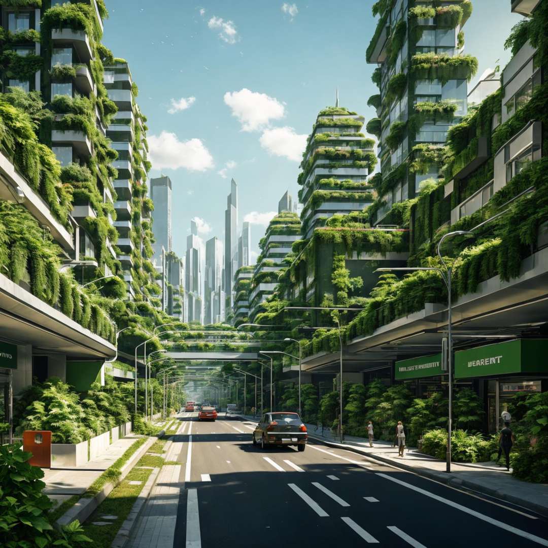 aarggreenbuilding, a city with tall buildings and a lot of greenery on the sides of the street and cars driving down the street , masterpiece, best quality,<lora:AARG_greenbuilding-000012:0.5>