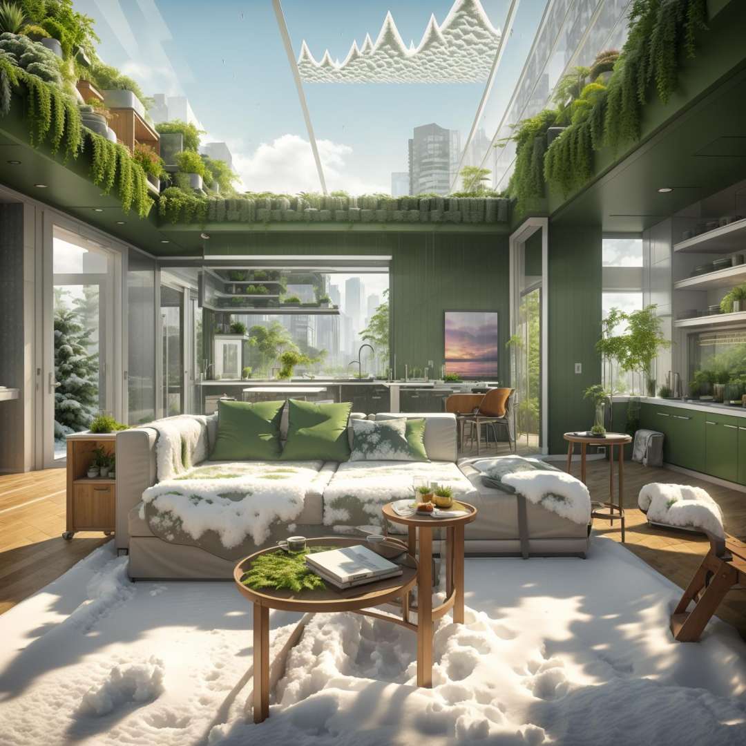 interior design, living room, aarggreenbuilding, sunset, ((rain.))  (((snow))), a city with tall buildings and a lot of greenery on the sides of the street and cars driving down the street , masterpiece, best quality,<lora:AARG_greenbuilding-000012:0.5>