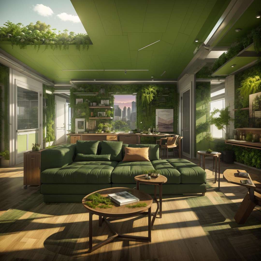 interior design, living room, aarggreenbuilding, sunset, a room with green celling and a lot of greenery on the sides of the street and cars driving down the street , masterpiece, best quality,<lora:AARG_greenbuilding-000012:0.5>