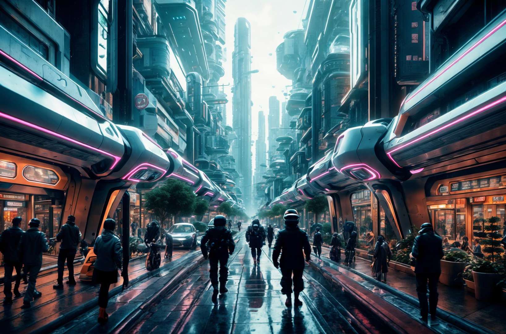 futurecity, rain, night, architecture, a bustling city street filled with people walking and riding bicycles. The street is lined with tall buildings, creating a futuristic atmosphere. robots and future cars, adding to the lively scene.<lora:cyber-000009:0.5>