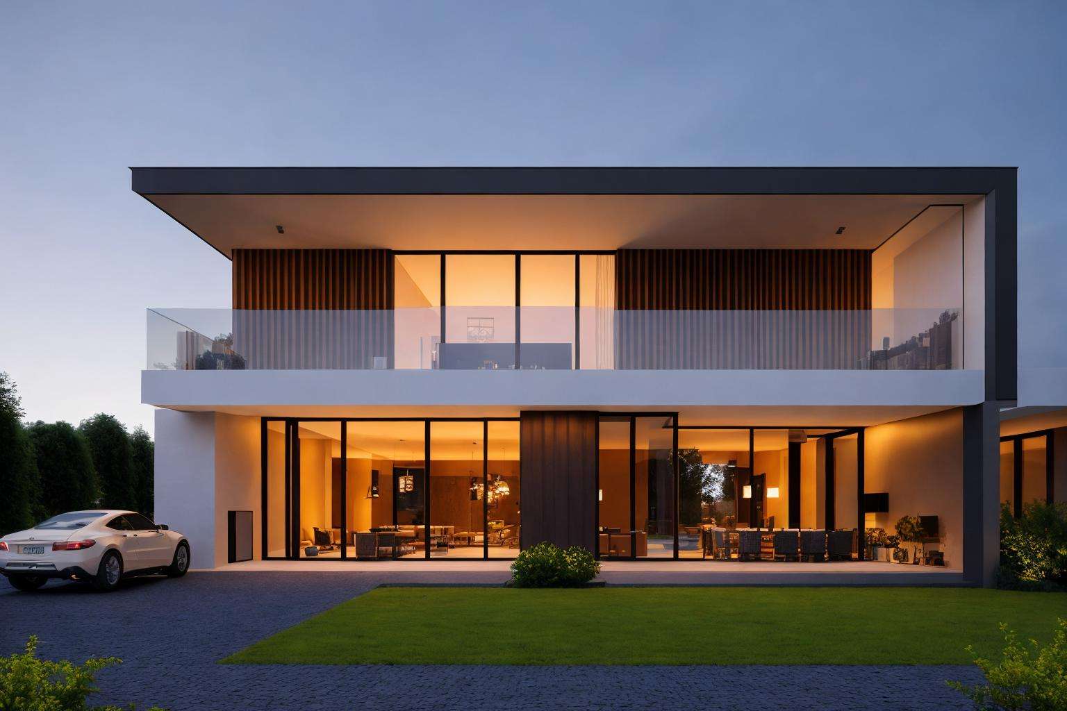 modernvilla, blackandwhite, cars, cloud, sunset, trees, vine, architecture, building, vivid colour, masterpiece,best quality,super detailed,realistic,photorealistic, 8k, sharp focus,a photo of a building  <lora:AARG_villa-000015:0.5>