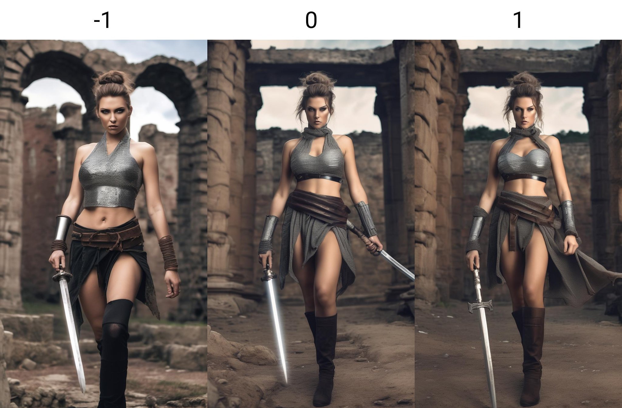 <lora:neg4all_bdsqlsz_xl_1.0_200steps:-1>slender woman in chainmail halter top, hair in messy bun, big breasts, lunging to the camera with a saber, dynamic pose among ancient ruins