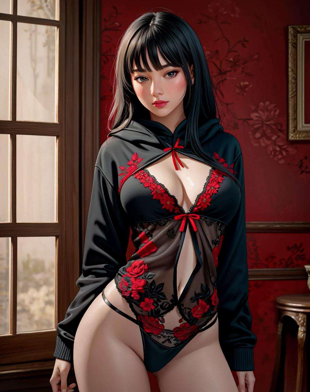 ((Masterpiece, best quality,photography, detailed skin, realistic, photo-realistic, 8k, highly detailed, full length frame, High detail RAW color art, diffused soft lighting, shallow depth of field, sharp focus, hyperrealism, cinematic lighting,close up))hoodie,edgCoquine, a woman in a ((black lingerie))_hoodie posing for a picture ,wearing edgCoquine_hoodie, red floral embroidery, <lora:CoquineHoodies:0.8>