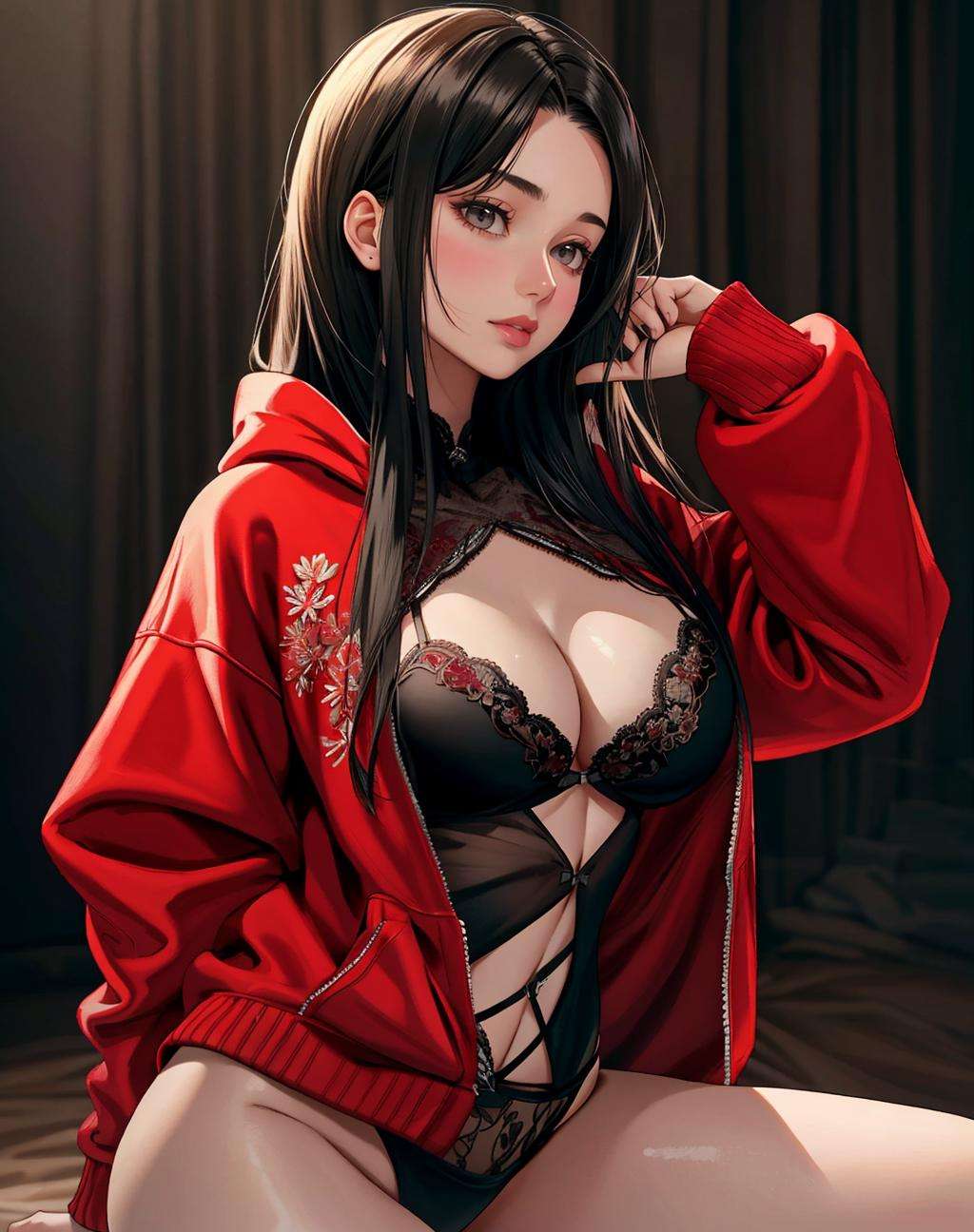 ((Masterpiece, best quality,photography, detailed skin, realistic, photo-realistic, 8k, highly detailed, full length frame, High detail RAW color art, diffused soft lighting, shallow depth of field, sharp focus, hyperrealism, cinematic lighting,close up))hoodie,edgCoquine, a woman in a ((black lingerie))_hoodie posing for a picture ,wearing edgCoquine_hoodie, red floral embroidery, <lora:CoquineHoodies:0.8>