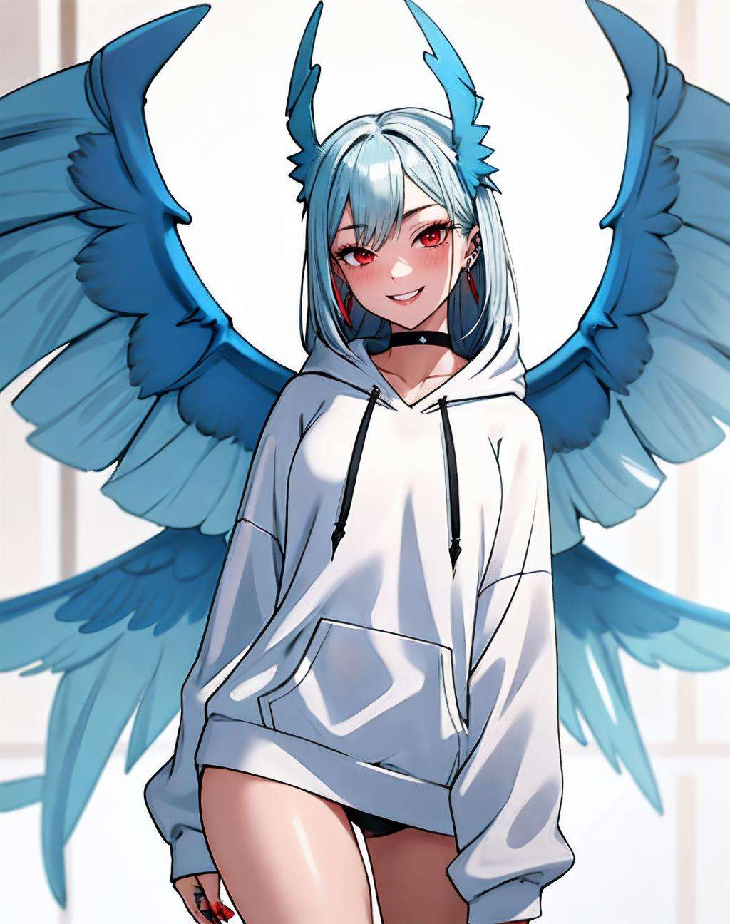 ((Masterpiece, best quality)),photography, detailed skin, realistic, photo-realistic, 8k, highly detailed, full length frame, High detail RAW color art, diffused soft lighting, shallow depth of field, sharp focus, hyperrealism, cinematic lighting,smiling,edgGaruda_hoodie, a white and blue bird_woman with wings wearing an (oversize hoodie) ,wearing edgGaruda_hoodie,gradient hair color, piercings, choker,red eyes,smiling<lora:MarinKitagawa:0.65> <lora:edgGarudaHoodies:0.775>