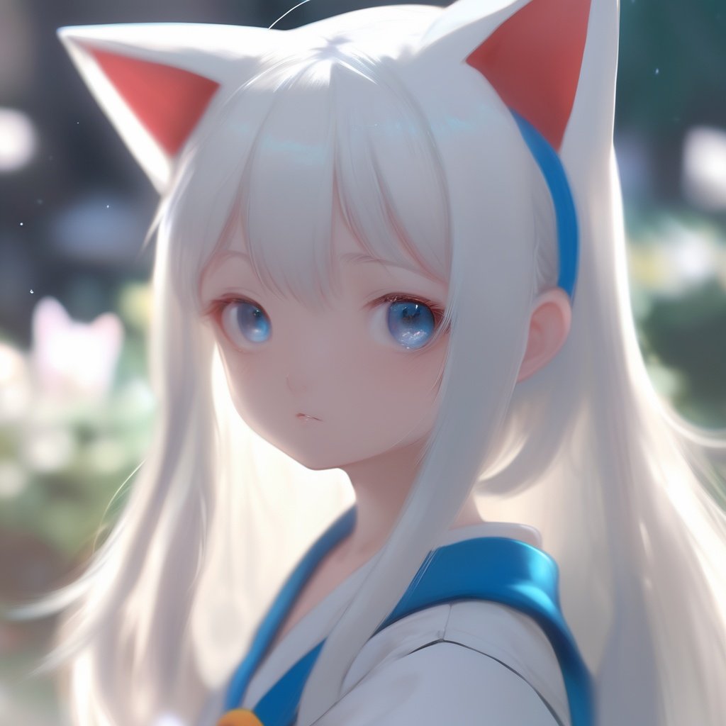 1girl, solo, long hair, white hair,depth of field,deep view,front,cat ear, (Doraemon),Miao clothing  <lora:baby blue:1>