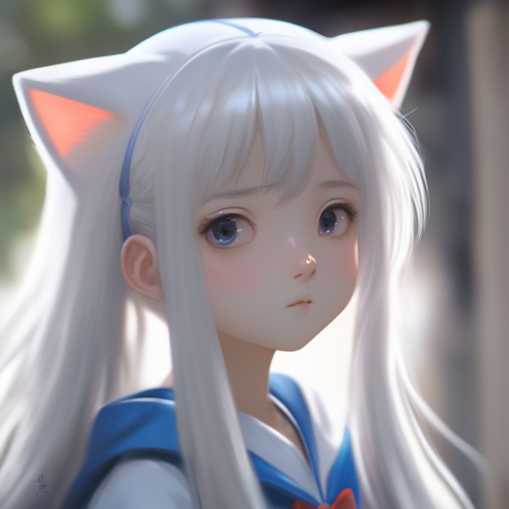 1girl, solo, long hair, white hair,depth of field,deep view,front,cat ear, (Doraemon),Miao clothing  <lora:baby blue:1>