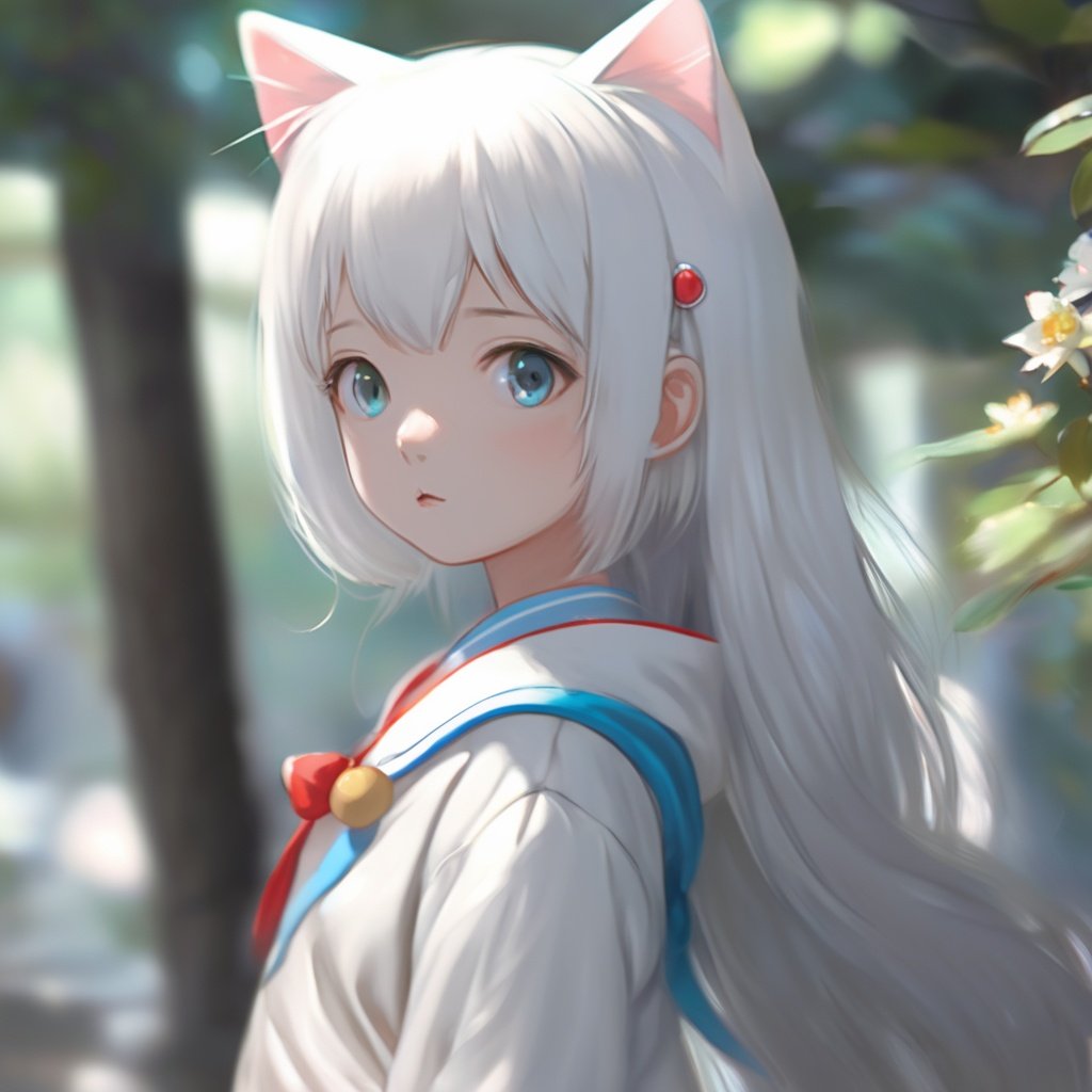 1girl, solo, long hair, white hair,depth of field,deep view,front,cat ear, (Doraemon),Miao clothing  <lora:baby blue:1>