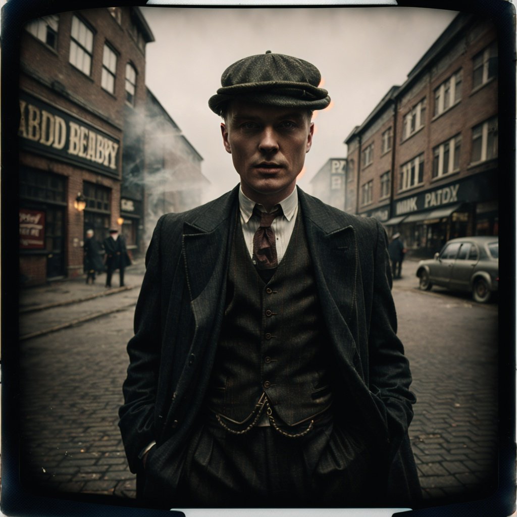 color photo of Peaky Blinders, dark, mysterious, smoky, gritty, urban, vintage Polaroid camera, old clothes classic suit, wide-angle lens, double exposure, Christopher Nolan, zoomed