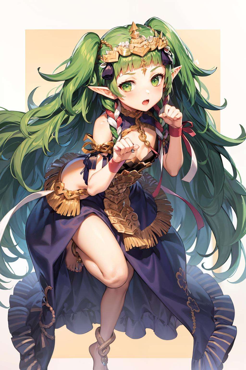 masterpiece, best quality, <lora:sothis:1>, 1girl, ribbon braid, long hair, cat, green hair, braid, green eyes, pointy ears, twin braids, barefoot, tiara, open mouth, hair ribbon, ribbon, paw pose, hair ornament, very long hair, solo, side braid, full body, animal, jewelry, cosplay, dress, anklet, paw print, standing, standing on one leg