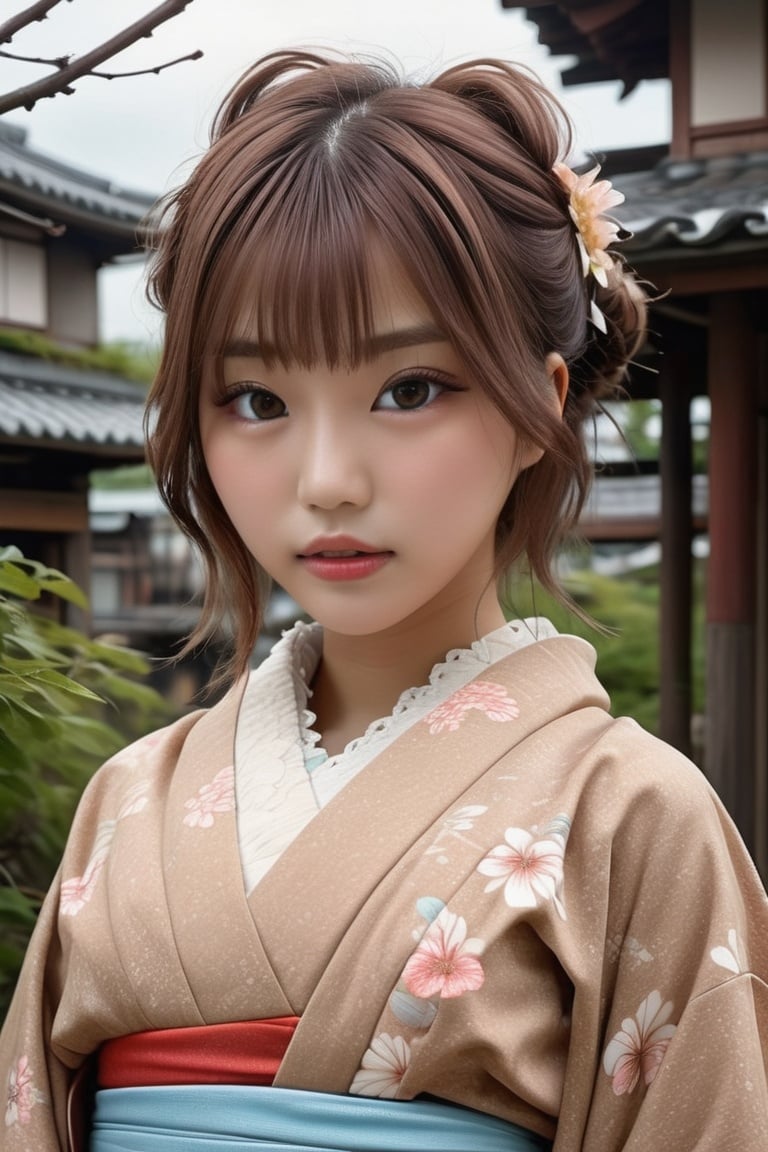 A beautiful girl,Petite girl, Young, Japanese, beautifu hair, raw photo, best quality, masterpiece, (Realistic:1.6), dressed in kimono, Ultra-detailed, soft light, 80 mm, f22. A post-apocalyptic cityscape with crumbling buildings and overgrown vegetation creates a dystopian atmosphere. Trending on Art Station Pixel for its evocative storytelling, high detail, and aesthetic appeal. SLR camera, complex details.,tadai_mahiro