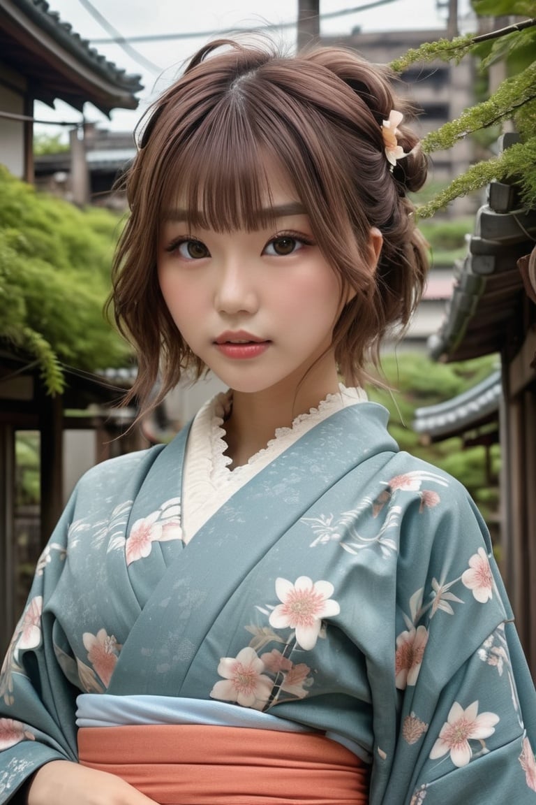 A beautiful girl,Petite girl, Young, Japanese, beautifu hair, raw photo, best quality, masterpiece, (Realistic:1.6), dressed in kimono, Ultra-detailed, soft light, 80 mm, f22. A post-apocalyptic cityscape with crumbling buildings and overgrown vegetation creates a dystopian atmosphere. Trending on Art Station Pixel for its evocative storytelling, high detail, and aesthetic appeal. SLR camera, complex details.,tadai_mahiro