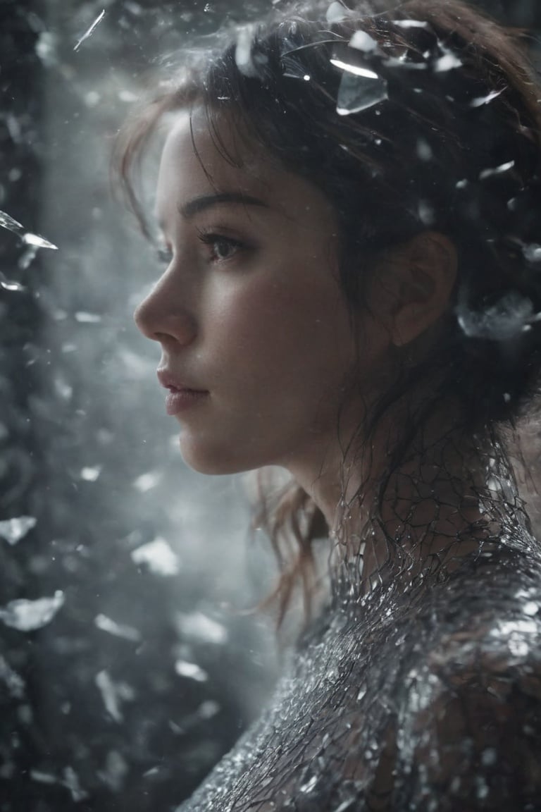 cinematic film still a close up,  xparticles,  raining glass shards by MONK.REN（猴人 on Tensor.Art