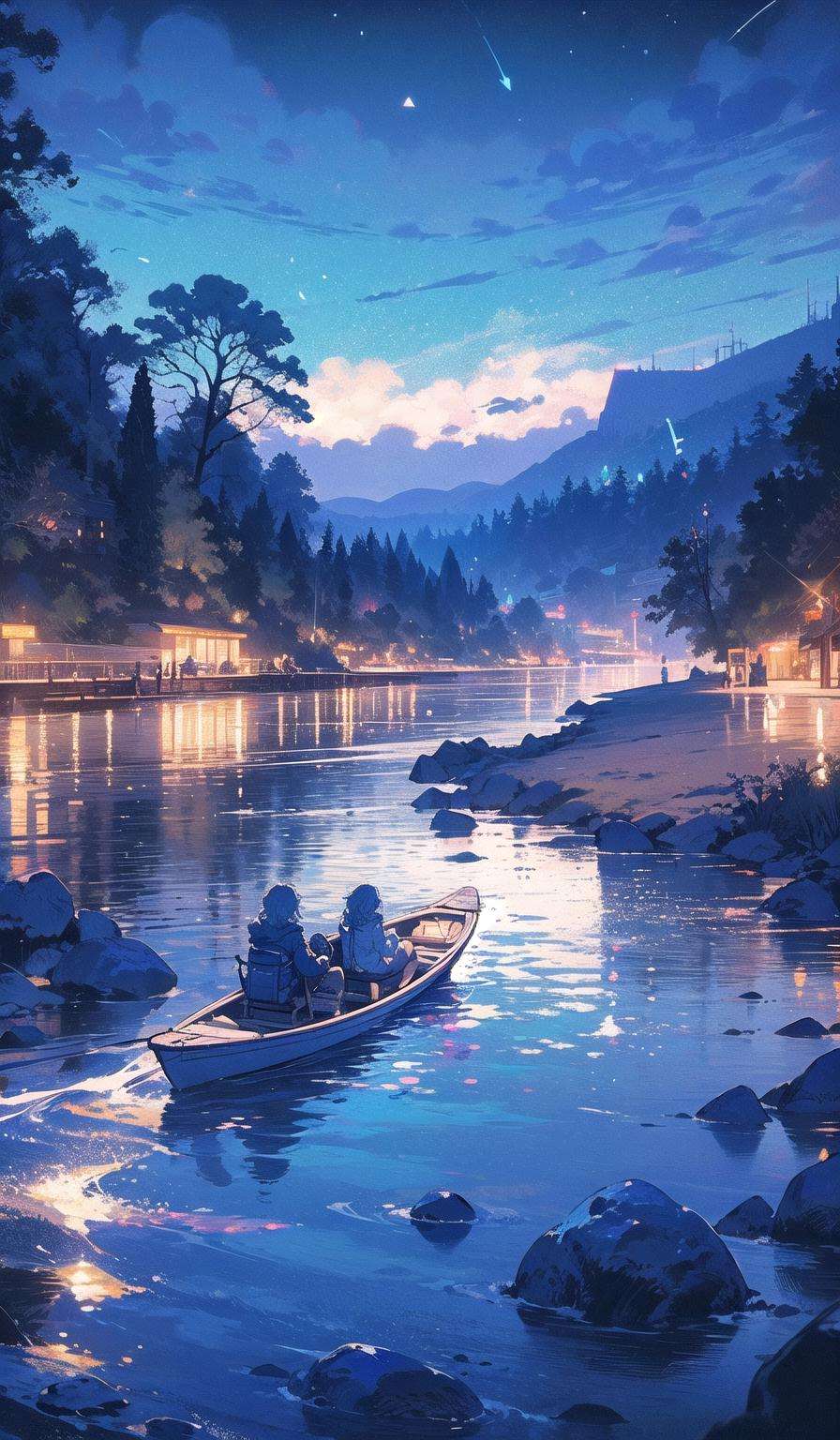 moonriver, boat,  moon, night, sky, scenery, solo, watercraft, outdoors,  water, blue theme, tree, shirt, night sky,  cloud, star (sky),  starry sky <lora:moonriver-noise:1>