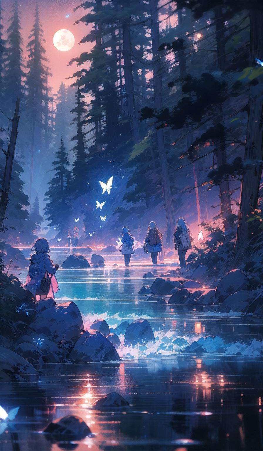 moonriver, night, multiple boys, nature, scenery, rock, multiple girls, fireflies, bug, water, tree, forest, outdoors, sky, bag, butterfly, moon  <lora:moonriver-noise:1>