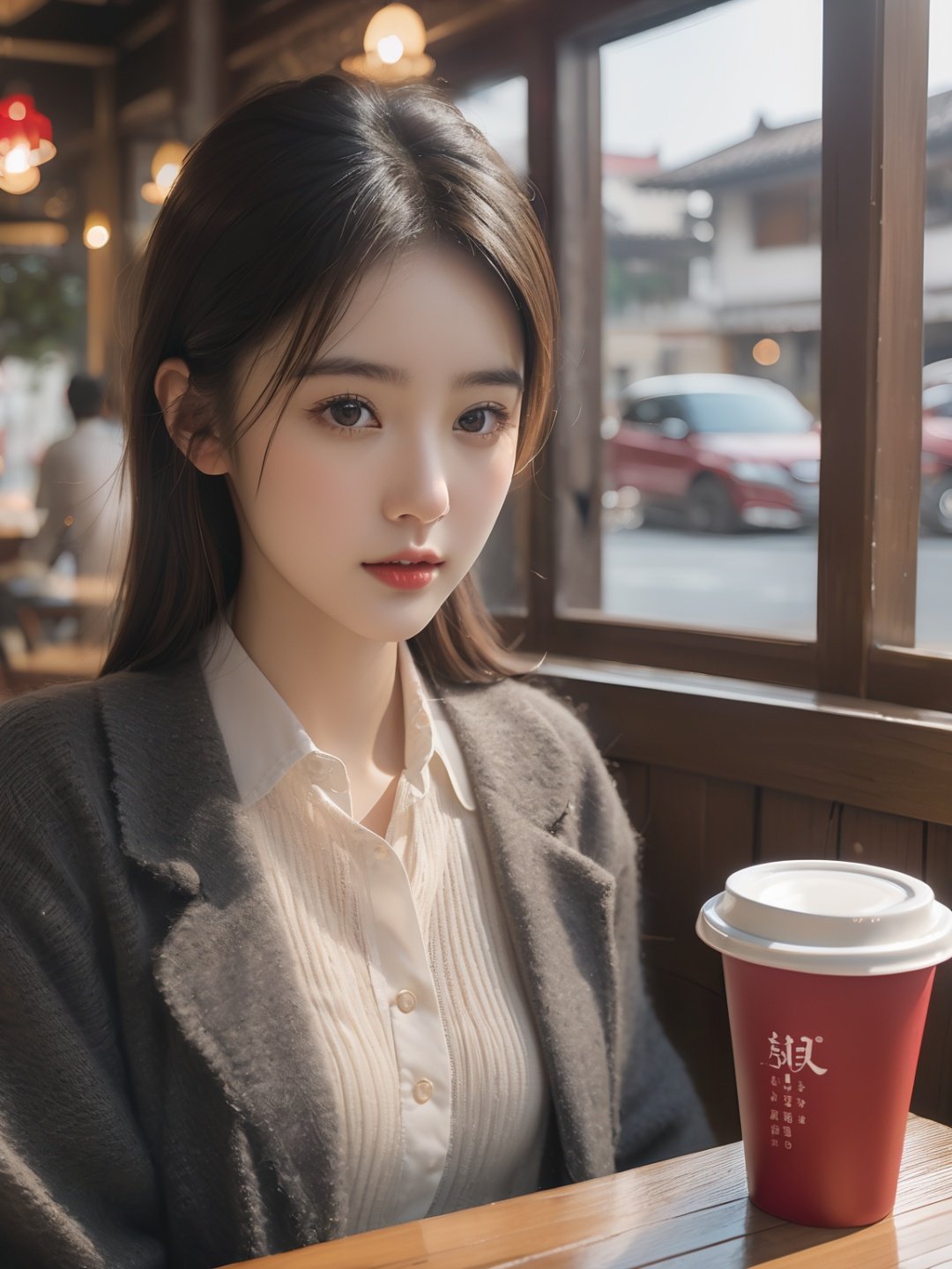 (original photo:1.2 , Best Quality),(Realistic, Photorealistic:1.3),xiaoyi,a girl sitting in a cafe drinking coffee,looking through the glass at the pedestrians in the street,the cup reads:"xiaoyi",<lora:xiaoyi-XL (1):1>