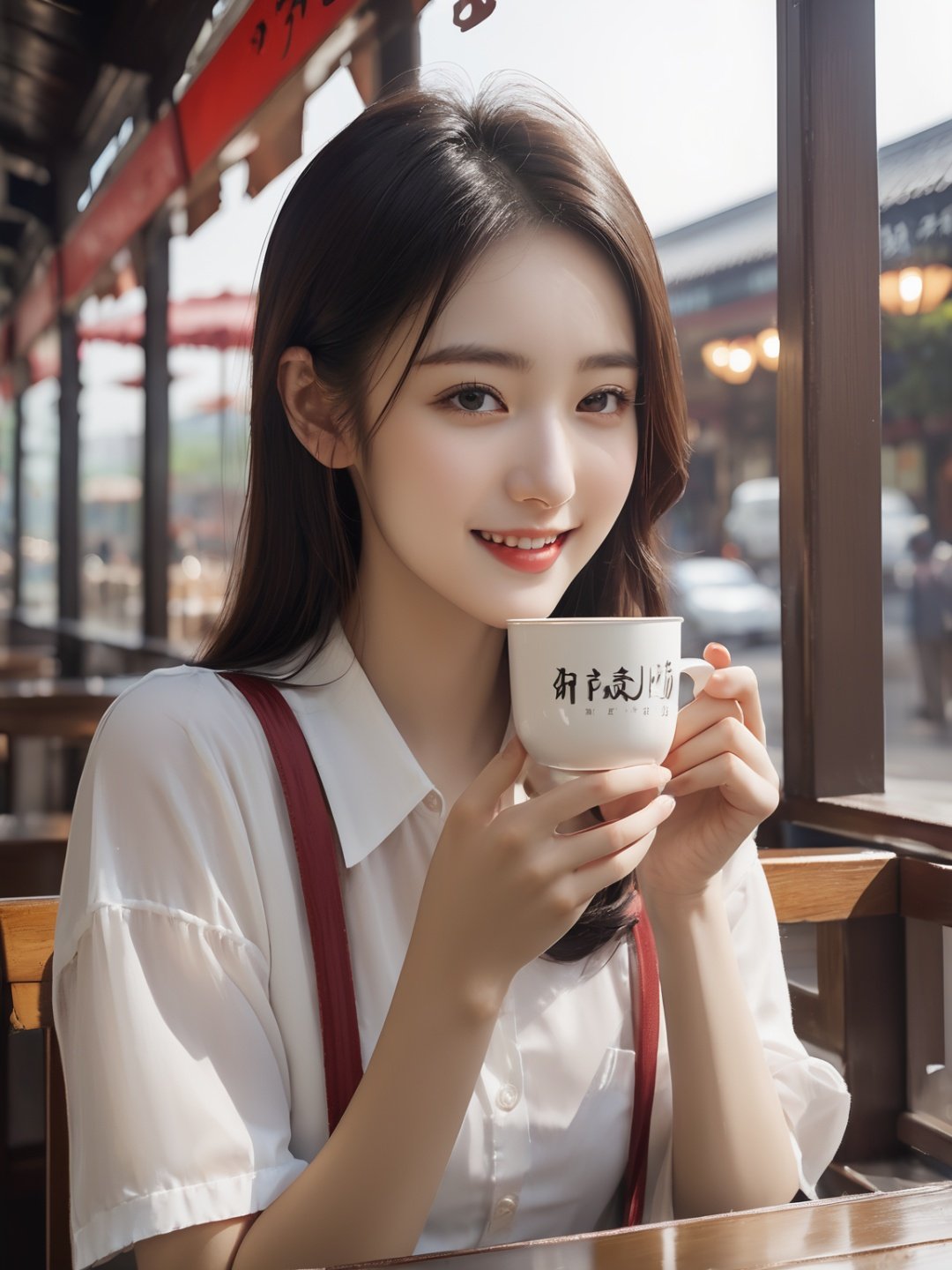 (original photo:1.2 , Best Quality),(Realistic, Photorealistic:1.3),xiaoyi,seductive smile,a girl sitting in a cafe drinking coffee,looking through the glass at the pedestrians in the street,The cup is written with "xiaoyi."<lora:xiaoyi-XL (1):1>