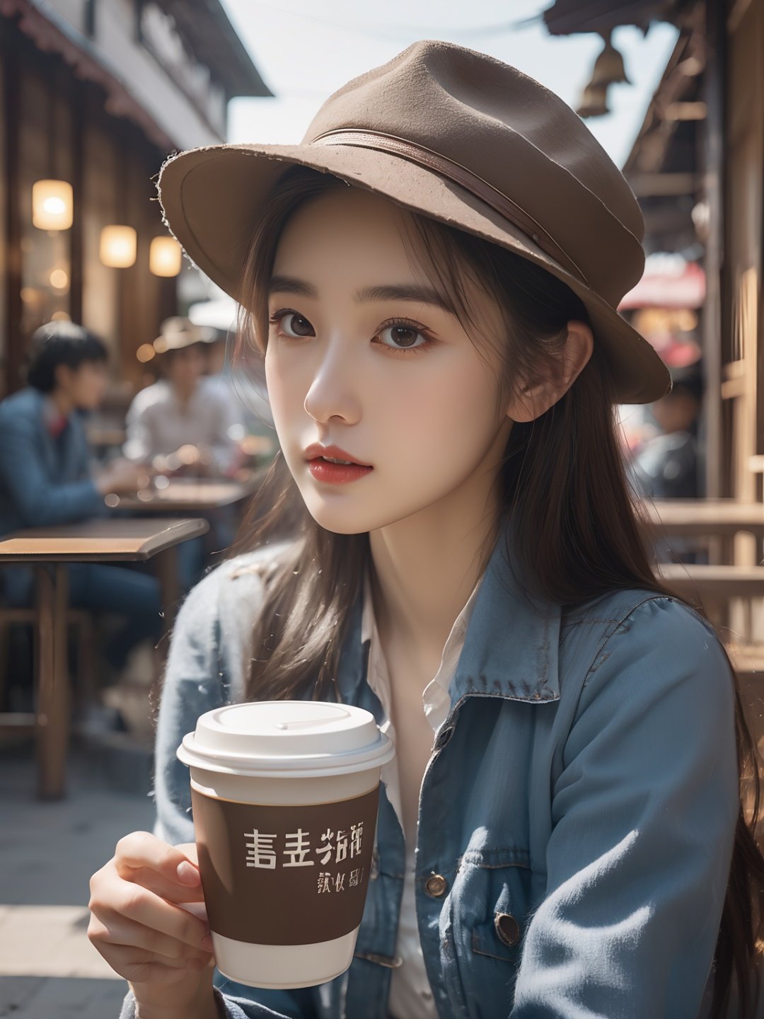 (original photo:1.2 , Best Quality),(Realistic, Photorealistic:1.3),cowboy shot,xiaoyi,a girl sitting in a cafe drinking coffee,looking through the glass at the pedestrians in the street,The cup is written with "xiaoyi."<lora:xiaoyi-XL (1):1>