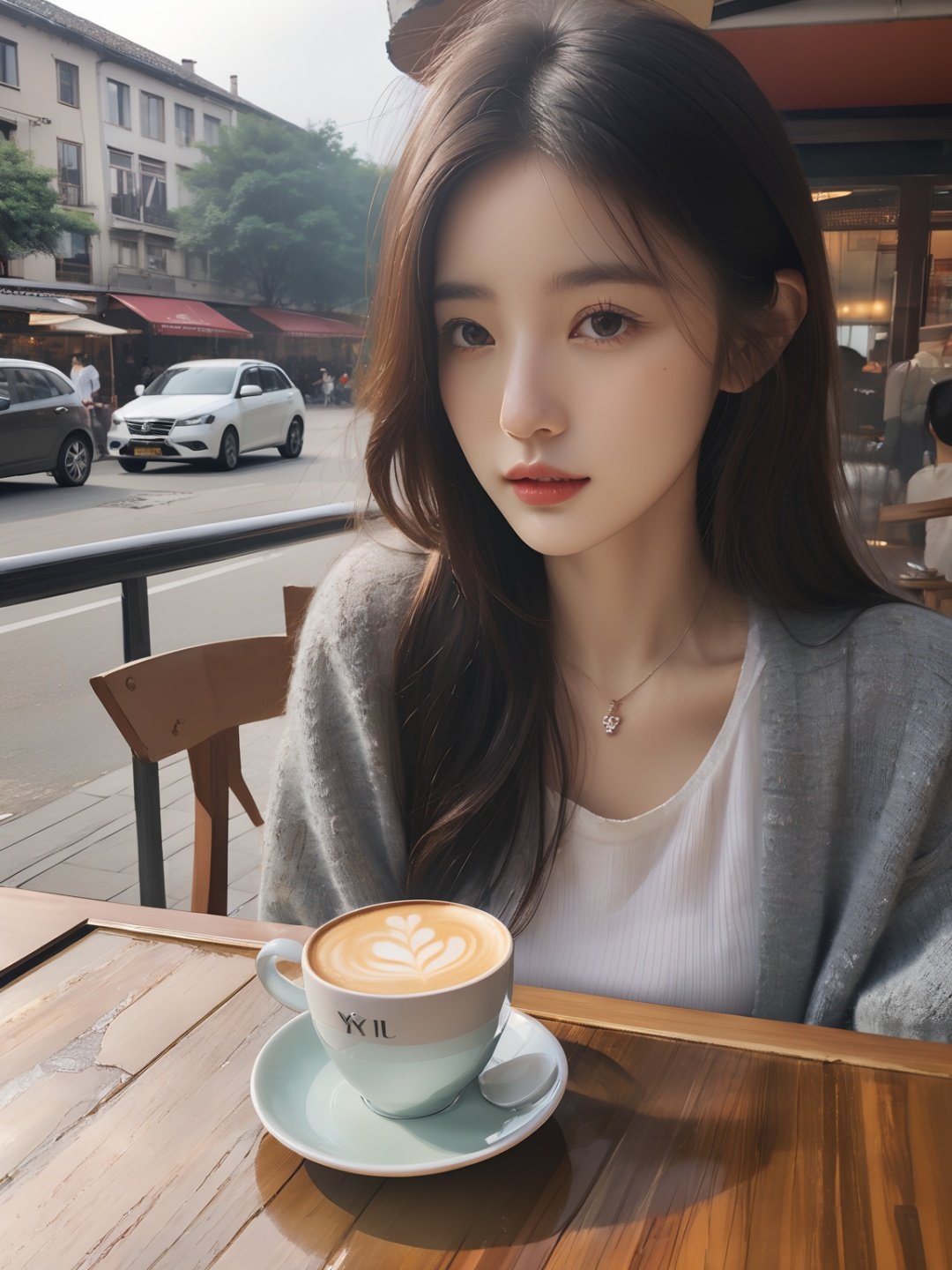 (original photo , Best Quality),(Realistic, Photorealistic:1.3),xiaoyi,a girl sitting in a cafe drinking coffee,looking through the glass at the pedestrians in the street,the cup reads:"xiaoyi",<lora:xiaoyi-XL (1):1>