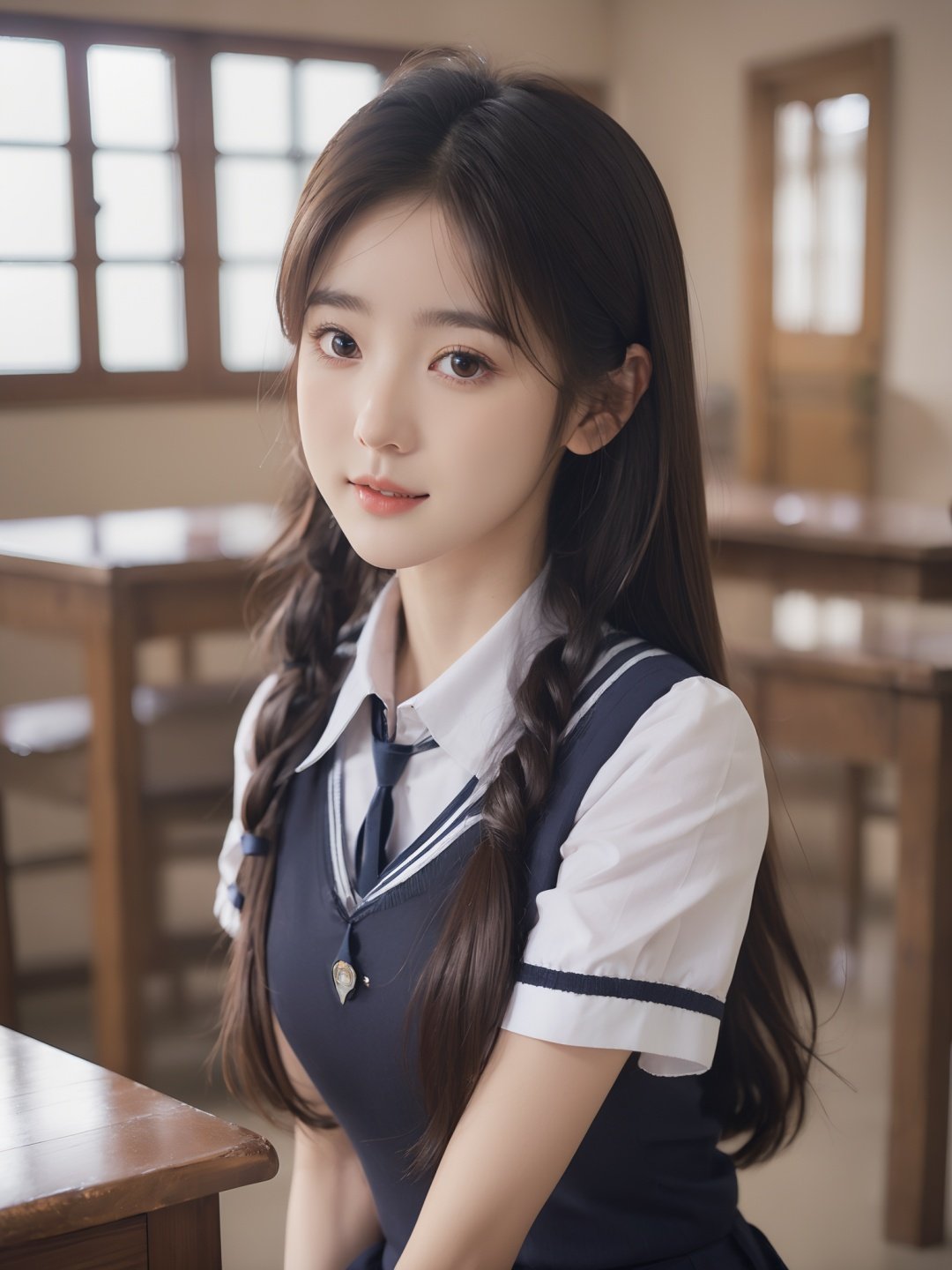 xiaoyi,smile,best quality,masterpiece,8k RAW photo ,1 girl,whole body,solo,huge chest,chest focus,long hair,waist,delicate face,melon seed face,korean girls,smile,school uniform, <lora:xiaoyi-XL (1):1>