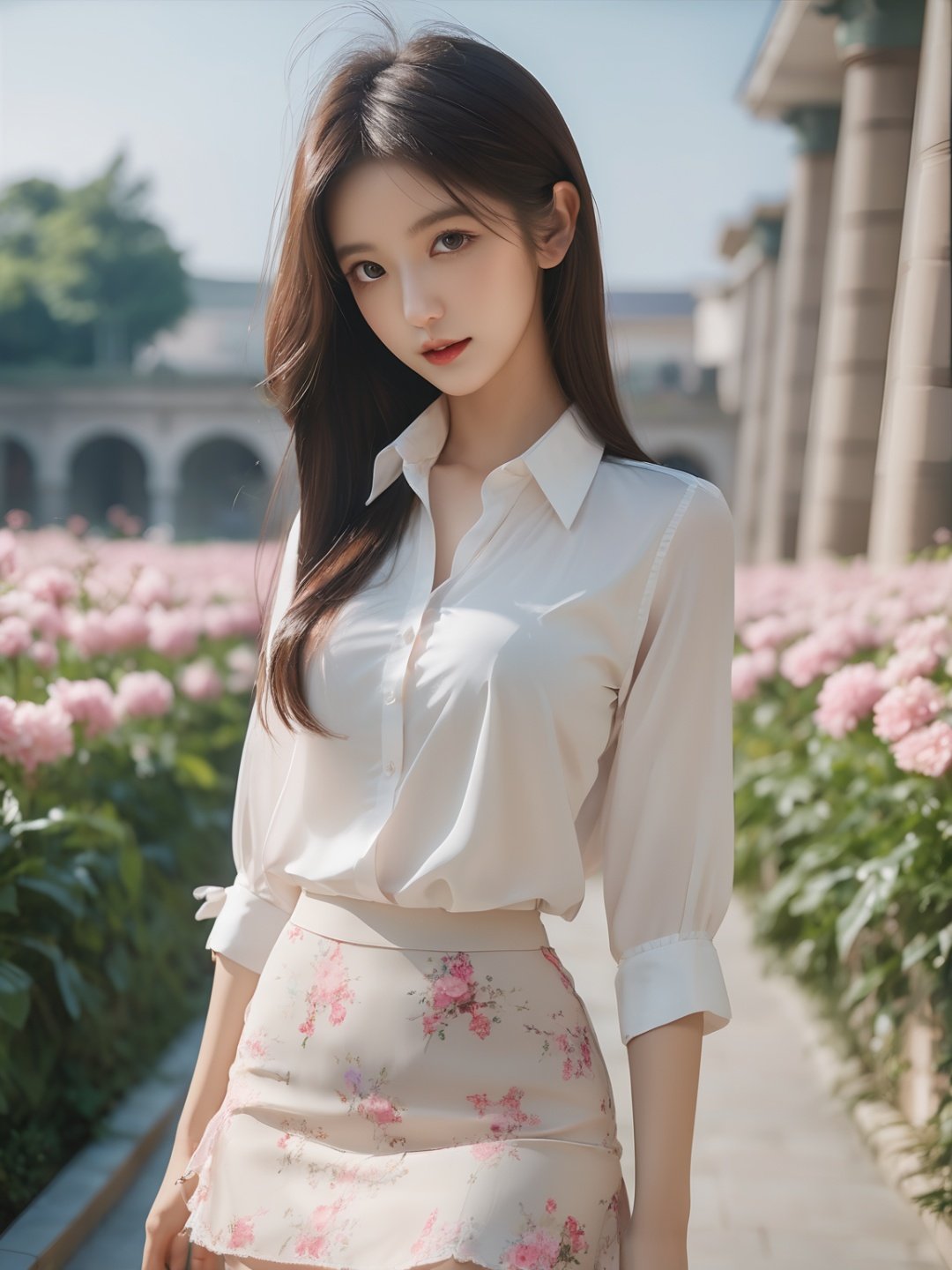 (original photo , Best Quality),(Realistic, Photorealistic:1.3),xiaoyi,floral print,white shirt,pink bow,long hair,captivating gaze,embellished clothing,natural light,shallow depth of field,romantic setting,dreamy pastel color palette,whimsical details,captured on film,Clean,Masterpiece,Fine Detail,Masterpiece,Ultra Detailed,High Resolution,(Best Shadows),Delicate,Bright Light,( field of view):1.3),(short skirt:1.5),(white sneakers:1.4),city,street,shopping mall,(light:1.5),(field of view:1.3),(standing:1.5),(smile),white pantyhose,pink style,(slim legs,manga legs,very long legs:1.2),,<lora:xiaoyi-XL (1):1>