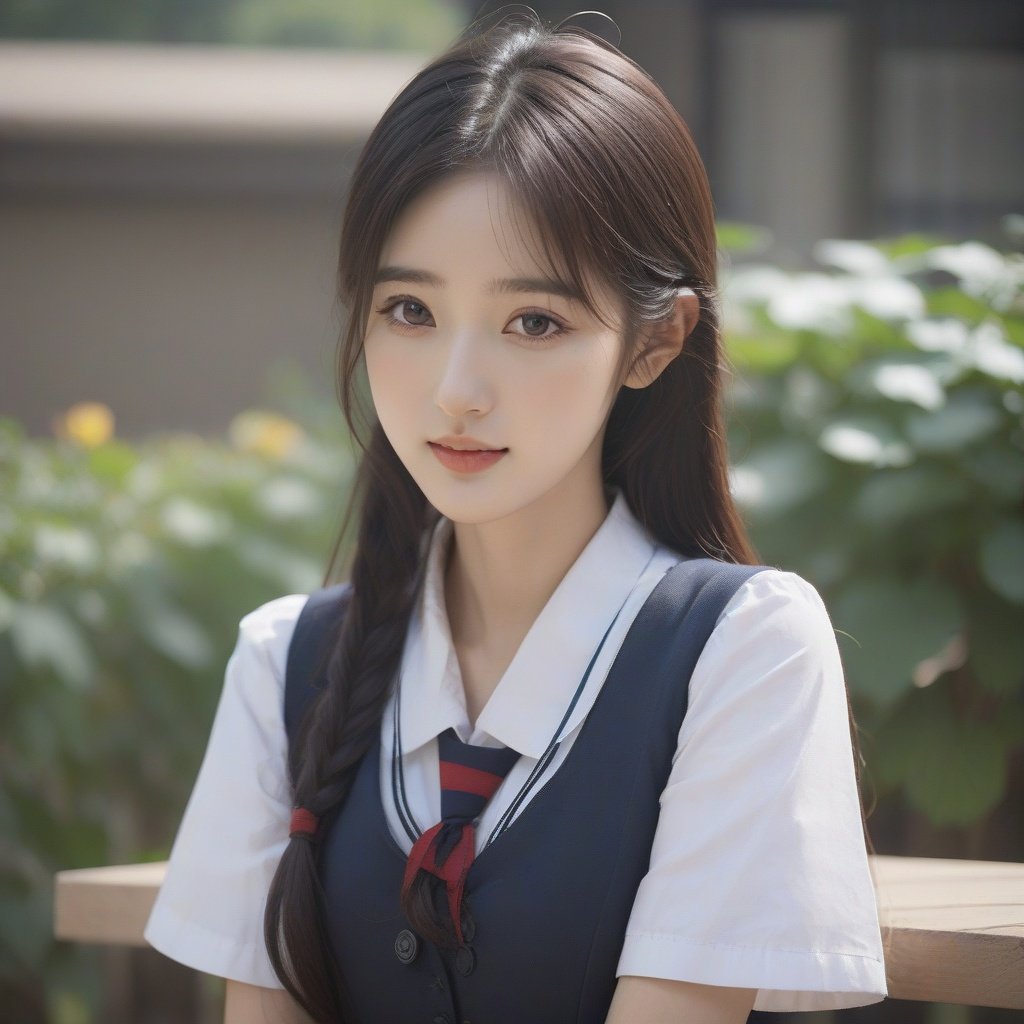 xiaoyi,smile,best quality,masterpiece,8k RAW photo ,1 girl,whole body,solo,huge chest,chest focus,long hair,waist,delicate face,melon seed face,korean girls,smile,school uniform, <lora:xiaoyi-XL (1):1>