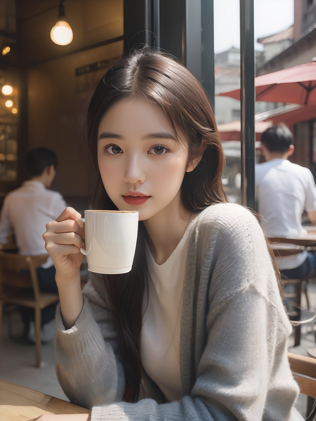 (original photo , Best Quality),(Realistic, Photorealistic:1.3),xiaoyi,a girl sitting in a cafe drinking coffee,looking through the glass at the pedestrians in the street,<lora:xiaoyi-XL (1):1>