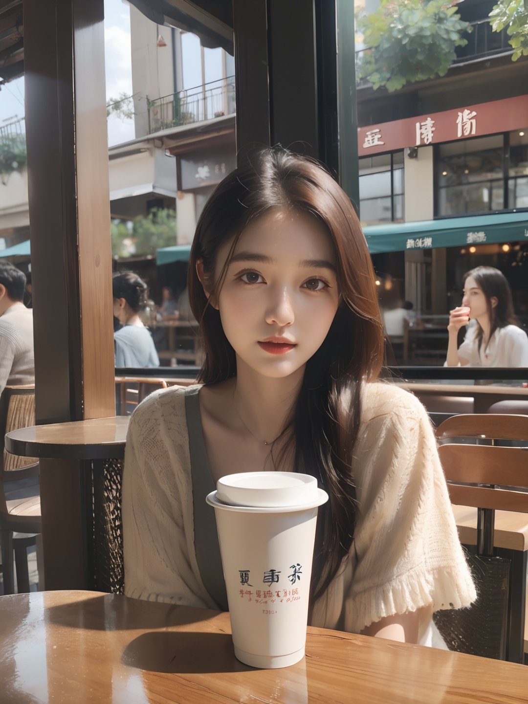 (original photo , Best Quality),(Realistic, Photorealistic:1.3),xiaoyi,a girl sitting in a cafe drinking coffee,looking through the glass at the pedestrians in the street,the cup reads:"xiaoyi",<lora:xiaoyi-XL (1):1>