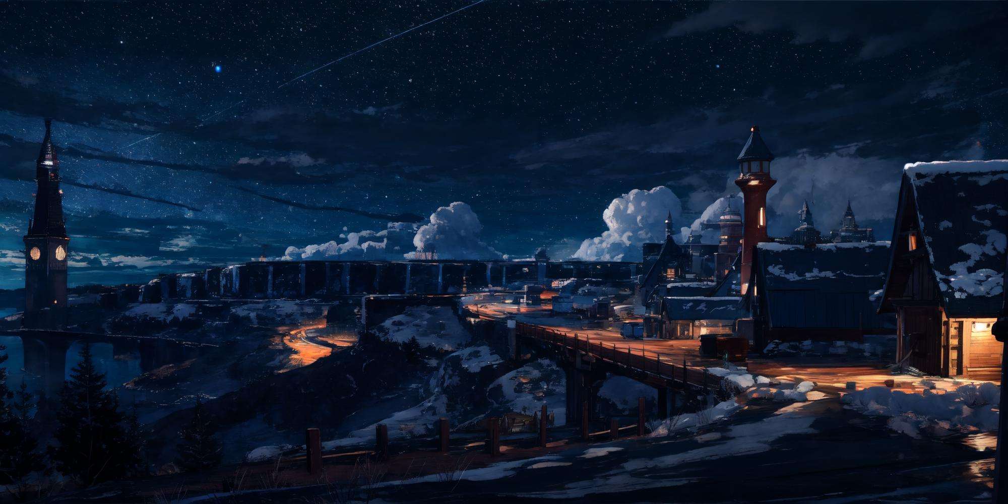 (masterpiece:1.2), best quality,fantasy,Night scene, scenery, sky, cloud, no humans, night, star (sky), outdoors, tower, building, fantasy, starry sky, night sky, water, cloudy sky, city <lora:UE_20230717224732-000003:0.6>