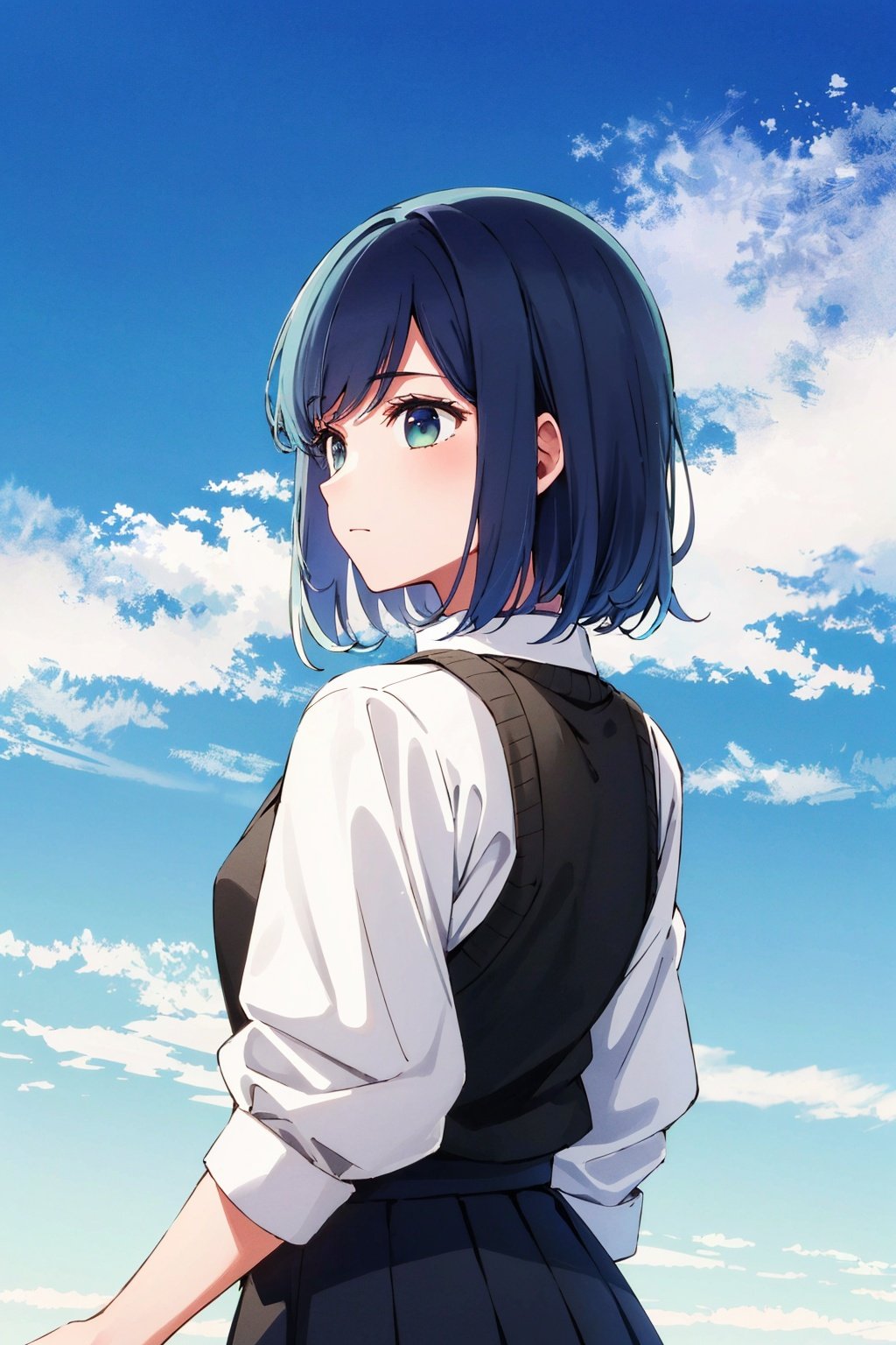 masterpiece, high quality, 8k, beautiful lighting, 1girl, solo, akane, white shirt, sweater vest, black vest, blue necktie, <lora:akane:0.7>, (sky background), upper body, skirt, grey skirt, girl from behind,  <lora:akanev2:0.7>