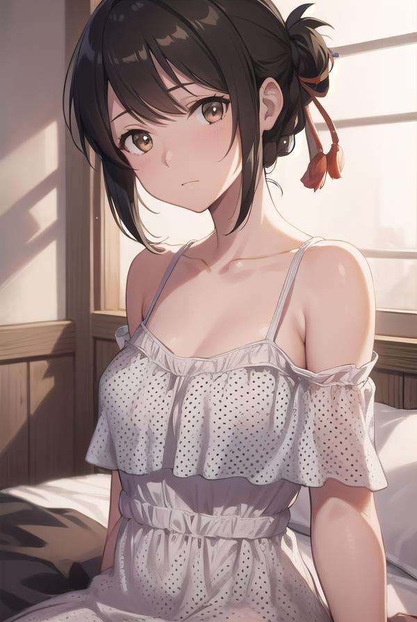 mitsuhamiyamizu, <lora:mitsuhatest:1>,mitsuha miyamizu, black hair, (brown eyes:1.5), hair ribbon, (small breast:1.2),BREAK bare shoulders, collarbone, dress, polka dot, (polka dot dress:1.5), sleepwear, red dress,BREAK looking at viewer,BREAK indoors, bed,BREAK <lora:GoodHands-vanilla:1>, (masterpiece:1.2), best quality, high resolution, unity 8k wallpaper, (illustration:0.8), (beautiful detailed eyes:1.6), extremely detailed face, perfect lighting, extremely detailed CG, (perfect hands, perfect anatomy),