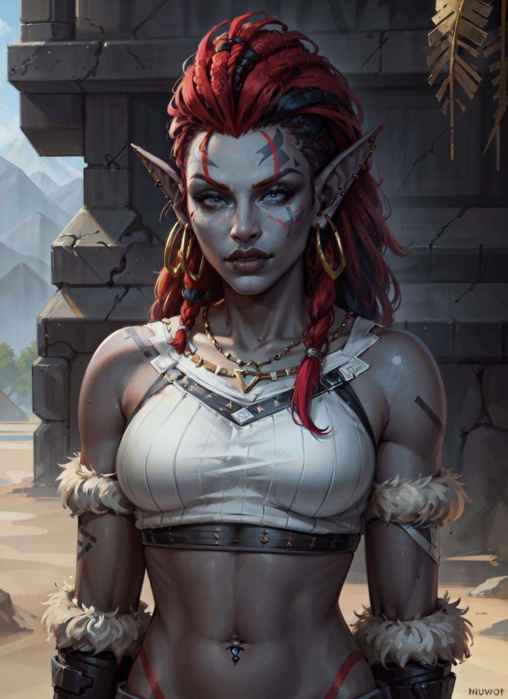 1girl, portrait of beautiful shewowtroll, facepaint, lip piercing, glowing blue eyes, dark grey skin, tattoo, jewelry, aztec heavy armor with runes and glyphs, crop top, bandages, feathers, fur trim, multicolored hair, dreadlocks, desert, sunlight, volumetric lighting, best quality, masterpiece, realistic <lora:sxz-trolls-2:0.7>