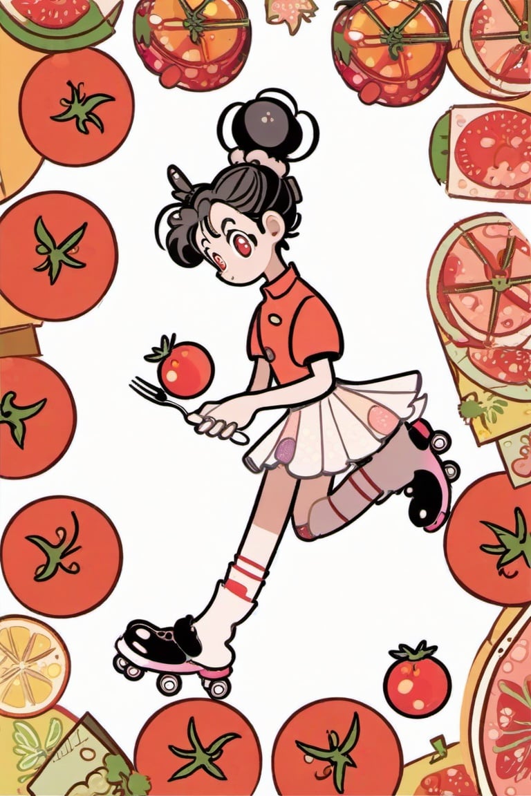 1girl, double bun, hair bun, skates, roller skates, food, solo, skirt, shirt, white background, red shirt, short sleeves, fruit, holding, socks, white skirt, fork, profile, simple background, black hair, tomato, inline skates, print shirt, black eyes