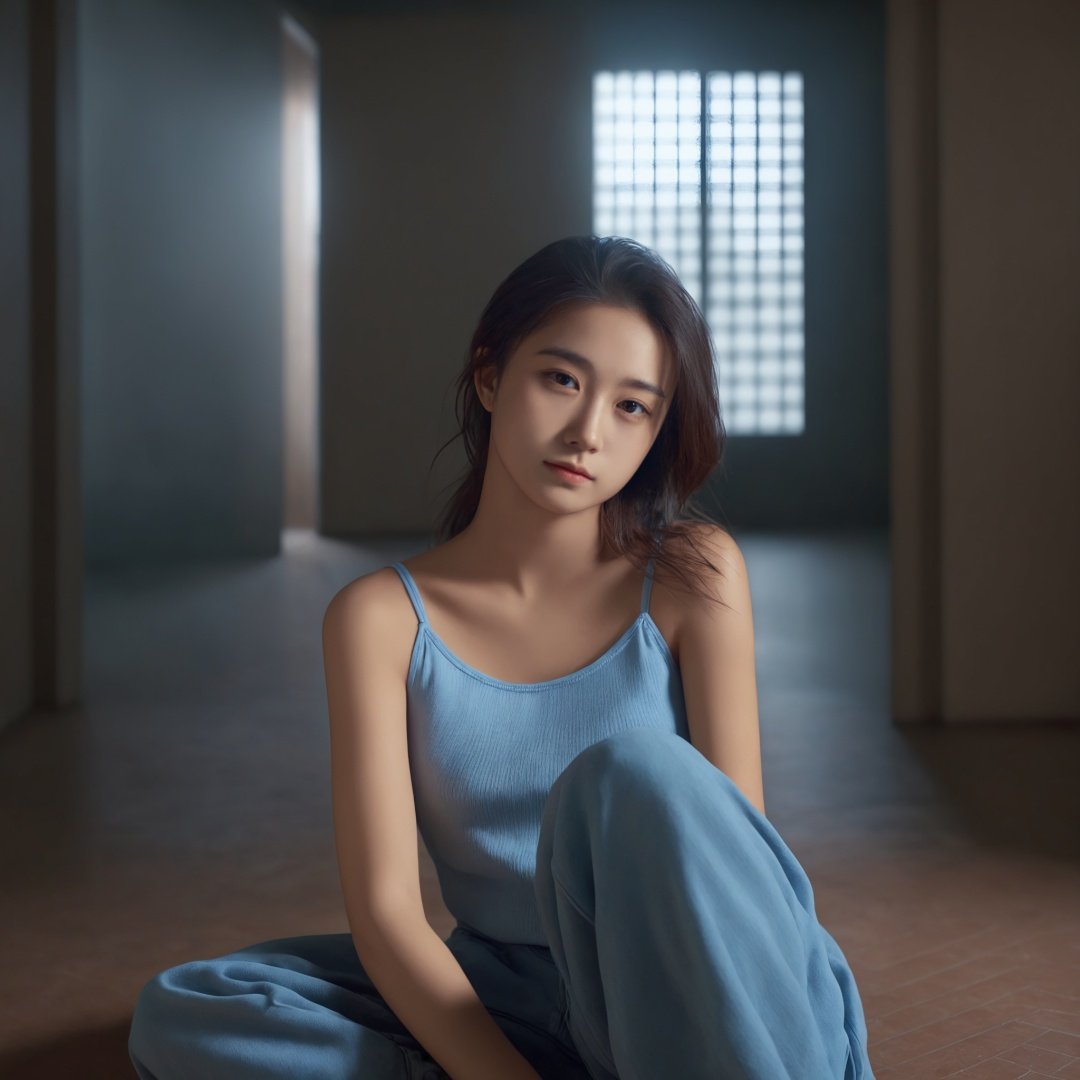 best quality:1.2,8K,photo,photorealistic,extreme details,<lora:girl_07:0.6>,a girl sat in the middle of an empty and dim room,looking at viewer,