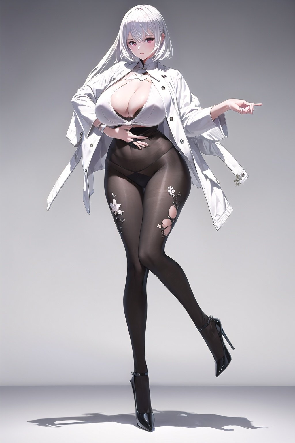 Figure material. masterpiece,best quality,1girl,high heels, looking at viewer, ,standing,looking at viewer, thick thighs, wide hips, Chinese art,white torn pantyhose,Update,big_breasts and shirt jacket,Real,Lighting,Detail,细节, <lora:EMS-13720-EMS:0.8>, <lora:EMS-14488-EMS:0.6>, <lora:EMS-14413-EMS:0.8>, <lora:EMS-20686-EMS:0.8>