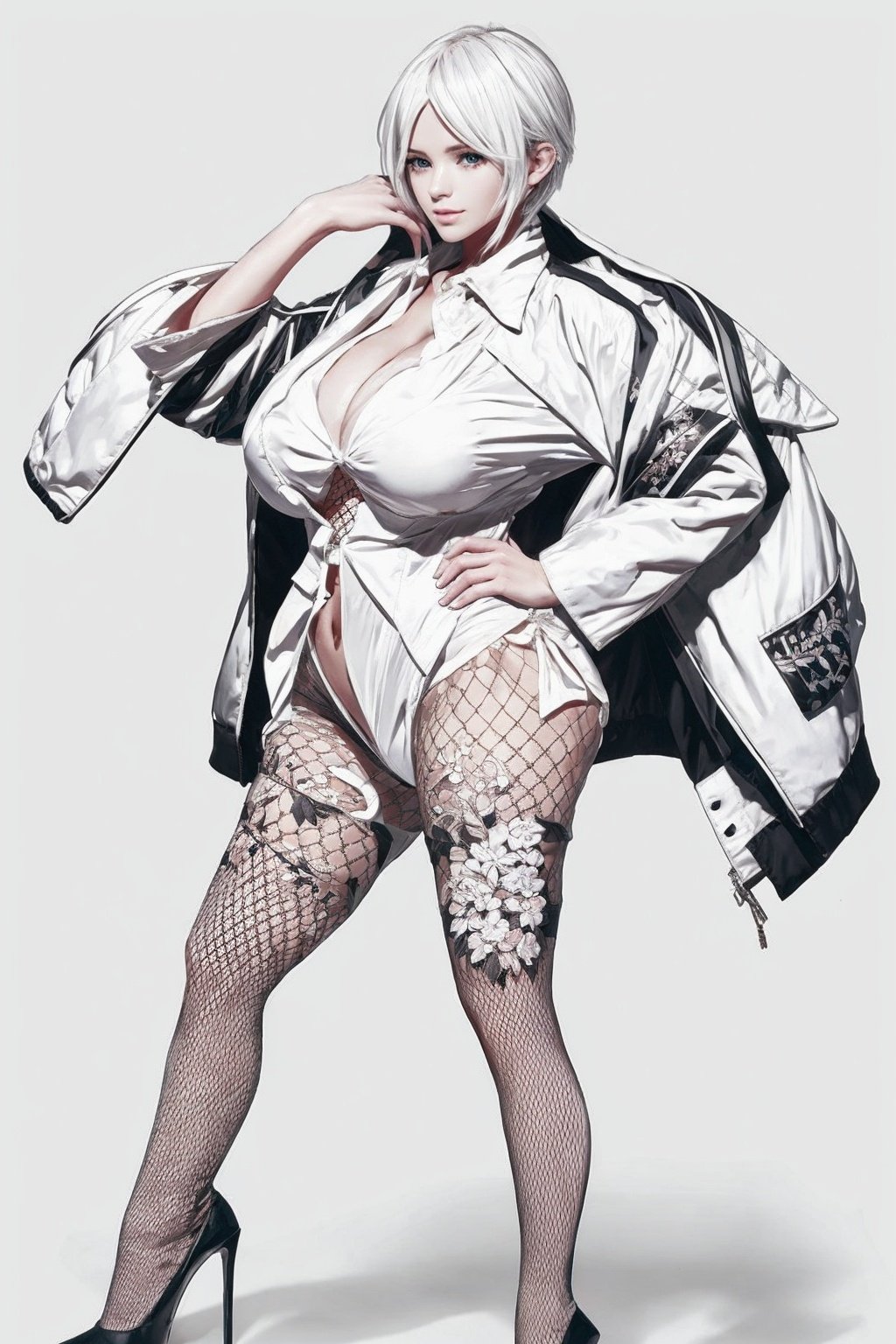 White color tone and background. masterpiece,best quality,1girl,high heels, looking at viewer, ,standing,looking at viewer, thick thighs, wide hips, Chinese art,white oiled fishnet pantyhose,Update,big_breasts and shirt jacket,Real,Lighting,Detail,细节,优化, <lora:EMS-13720-EMS:0.8>, <lora:EMS-14488-EMS:0.6>, <lora:EMS-14413-EMS:0.8>, <lora:EMS-20686-EMS:0.8>