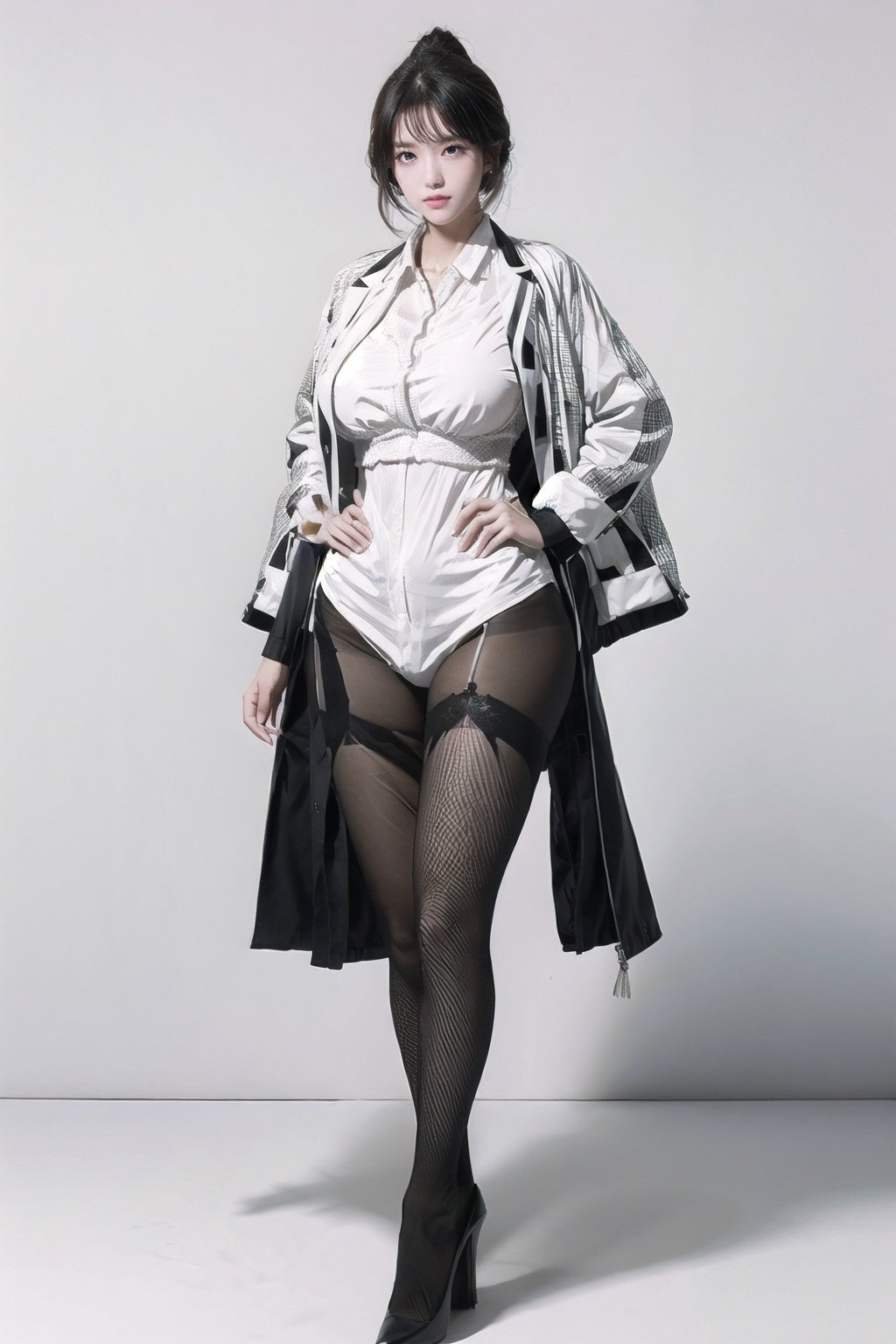 White color tone and background. masterpiece,best quality,1girl,high heels, looking at viewer, ,standing,looking at viewer, thick thighs, wide hips, Chinese art,white oiled fishnet pantyhose,Update,big_breasts and shirt jacket,Real,Lighting,Detail,细节,优化, <lora:EMS-14413-EMS:0.8>, <lora:EMS-20686-EMS:0.8>, <lora:EMS-13720-EMS:0.8>, <lora:EMS-14488-EMS:0.6>