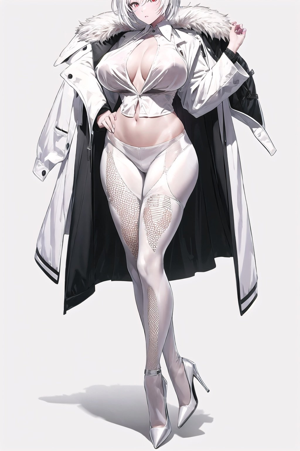 White color tone and background. masterpiece,best quality,1girl,high heels, looking at viewer, ,standing,looking at viewer, thick thighs, wide hips, Chinese art,white oiled fishnet pantyhose,Update,big_breasts and shirt jacket,Real,Lighting,Detail,细节,优化, <lora:EMS-13720-EMS:0.8>, <lora:EMS-14488-EMS:0.6>, <lora:EMS-14413-EMS:0.8>, <lora:EMS-20686-EMS:0.8>