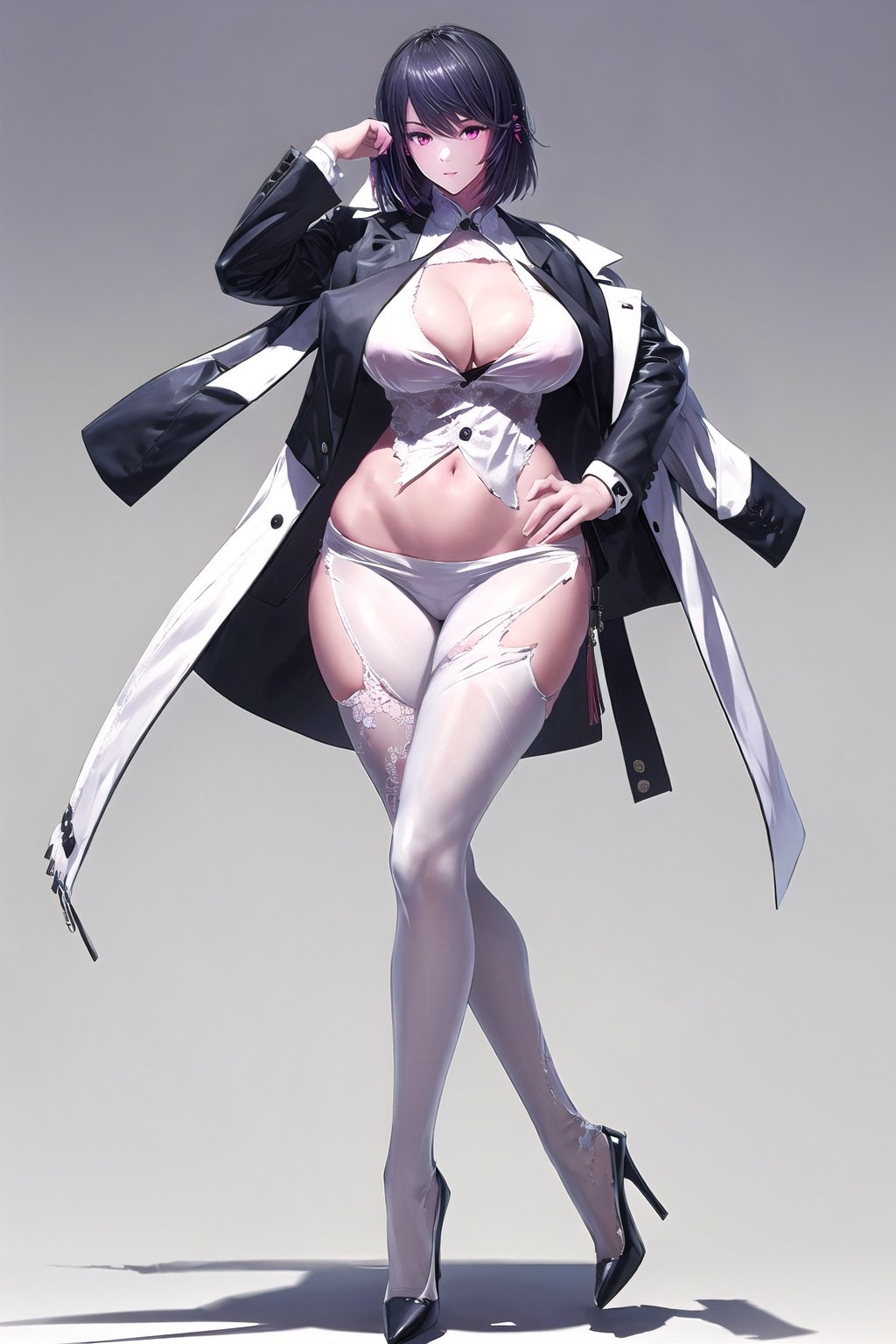 Figure material. masterpiece,best quality,1girl,high heels, looking at viewer, ,standing,looking at viewer, thick thighs, wide hips, Chinese art,white torn pantyhose,Update,big_breasts and shirt jacket,Real,Lighting,Detail,细节, <lora:EMS-13720-EMS:0.8>, <lora:EMS-14488-EMS:0.6>, <lora:EMS-14413-EMS:0.8>, <lora:EMS-20686-EMS:0.8>