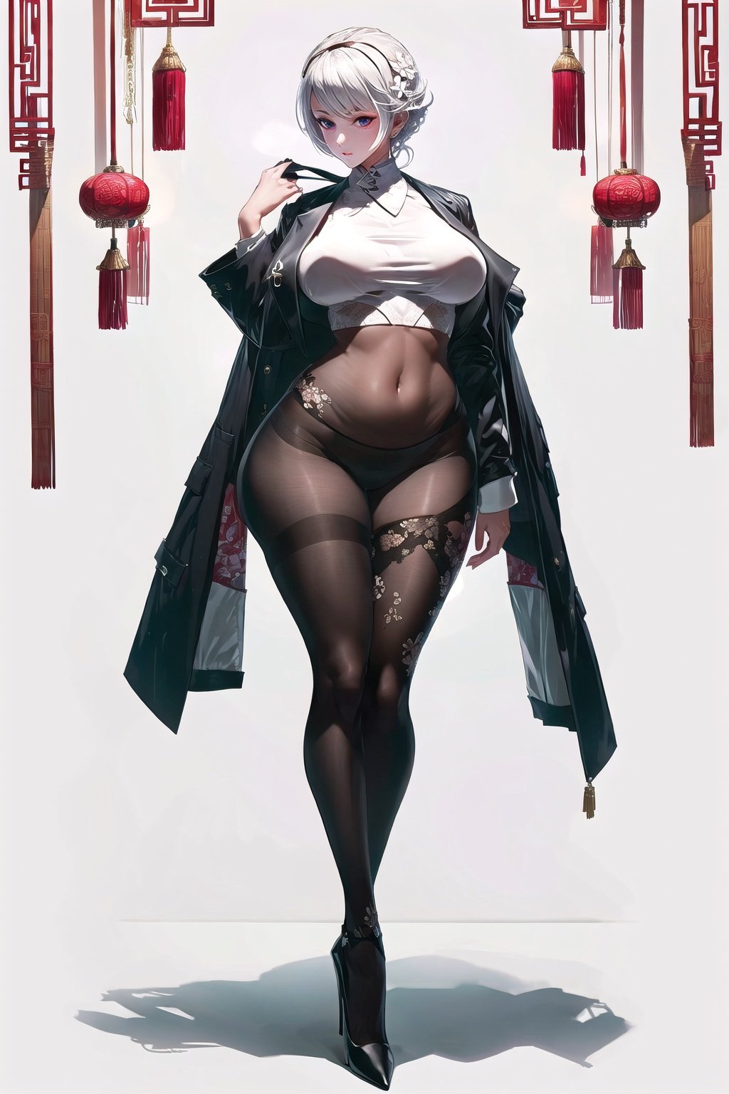 White color tone and background. masterpiece,best quality,1girl,high heels, looking at viewer, ,standing,looking at viewer, thick thighs, wide hips, Chinese art,white oiled fishnet pantyhose,Update,big_breasts and shirt jacket,Real,Lighting,Detail,细节,优化, <lora:EMS-14413-EMS:0.8>, <lora:EMS-20686-EMS:0.8>, <lora:EMS-13720-EMS:0.8>, <lora:EMS-14488-EMS:0.6>