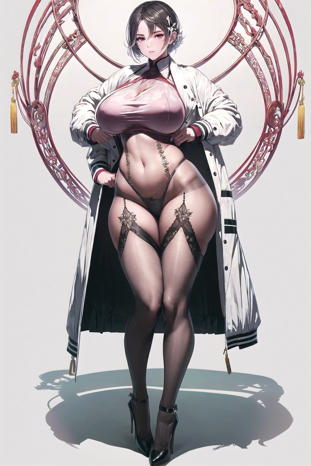 White color tone and background. masterpiece,best quality,1girl,high heels, looking at viewer, ,standing,looking at viewer, thick thighs, wide hips, Chinese art,white oiled fishnet pantyhose,Update,big_breasts and shirt jacket,Real,Lighting,Detail,细节,优化, <lora:EMS-13720-EMS:0.8>, <lora:EMS-14488-EMS:0.6>, <lora:EMS-14413-EMS:0.8>, <lora:EMS-20686-EMS:0.8>