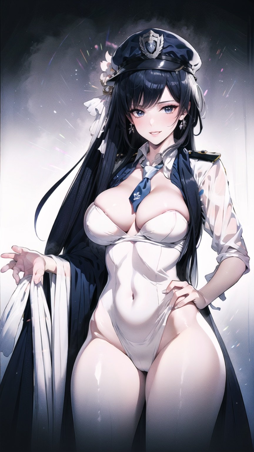 (Above the hips:1.2),Police cap,(female police officer:1.2), (long hair), smile, teeth white and neat, shoulders exposed, (police uniform), backless, large chest, breast burst, office art, unity 8 k wallpaper, ultra detailed, beautiful and aesthetic, masterpiece, best quality, extremely detailed, dynamic angle, paper skin, radius, iuminosity, cowbody shot, the most beautiful Form of Chaos, Elegant, a brutalist designed, Vivid colors, romanticism, by James Jean, roby dwi antono, cross tran, Francis bacon, Michael mraz, Adrian ghenie, Petra cortright, Gerhard richter, takato yamamoto, ashley wood, atmospheric, comfortable of musical notes, streaming musical notes visible, flowers in full bloom, deep forests, sunlight, atmosphere, rich details, shot from above Shoot from below, detailed background, beautiful sky, Perfect face, high detail, smile, dynamic angle,, PBR rendering+UE engine, colorful, shot, glow, backlight, film angle, lens flare, detail background, highlights hair, bust lens,feet101,girl, <lora:EMS-14420-EMS:0.8>, <lora:EMS-14430-EMS:0.8>, <lora:EMS-4193-EMS:0.4>, <lora:EMS-13720-EMS:0.7>