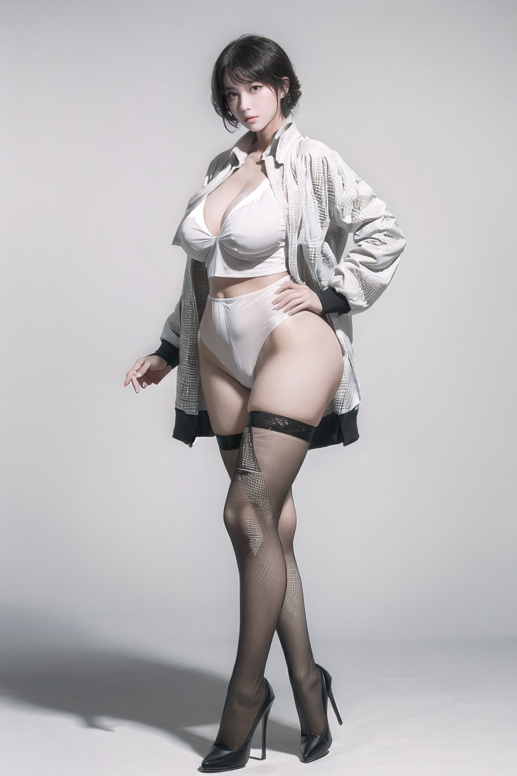 White color tone and background. masterpiece,best quality,1girl,high heels, looking at viewer, ,standing,looking at viewer, thick thighs, wide hips, Chinese art,white oiled fishnet pantyhose,Update,big_breasts and shirt jacket,Real,Lighting,Detail,细节,优化, <lora:EMS-14413-EMS:0.8>, <lora:EMS-20686-EMS:0.8>, <lora:EMS-13720-EMS:0.8>, <lora:EMS-14488-EMS:0.6>