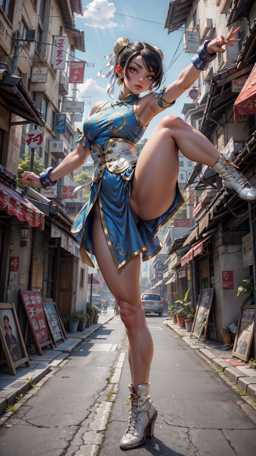 chunli, street fight 6, wearing cheongsam white, blue, gold, attractive female, full body image, front - facing looking at camera a Latina athletic body, attractive female, full body image, front - facing looking at camera,Standing split,Real,Slightmuscle, <lora:EMS-8358-EMS:0.4>, <lora:EMS-14413-EMS:1.2>, <lora:EMS-20894-EMS:0.4>, <lora:EMS-16673-EMS:0.4>