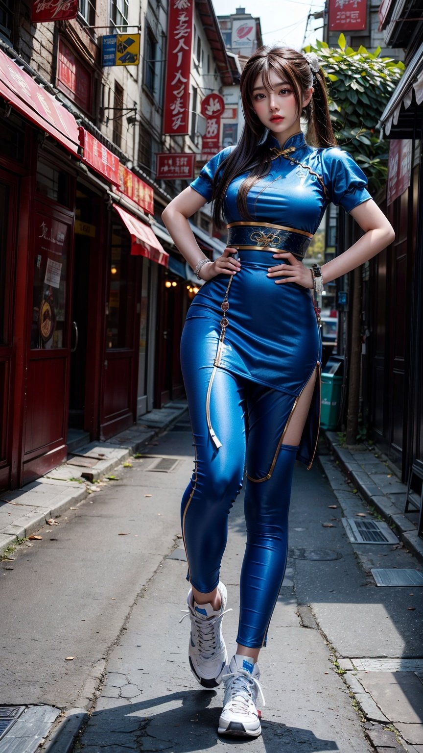 chunli, street fight 6, wearing cheongsam white, blue, gold, attractive female, full body image, front - facing looking at camera a Latina athletic body, attractive female, full body image, front - facing looking at camera, <lora:EMS-14454-EMS:0.3>, <lora:EMS-14413-EMS:1.2>, <lora:EMS-20894-EMS:0.4>, <lora:EMS-14488-EMS:0.8>