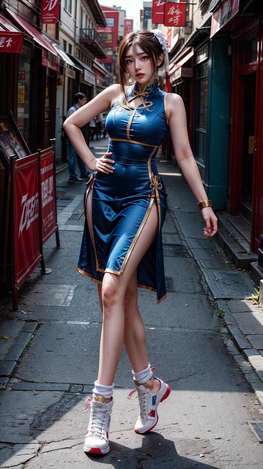 chunli, street fight 6, wearing cheongsam white, blue, gold, attractive female, full body image, front - facing looking at camera a Latina athletic body, attractive female, full body image, front - facing looking at camera, <lora:EMS-14454-EMS:0.3>, <lora:EMS-14413-EMS:1.2>, <lora:EMS-20894-EMS:0.4>, <lora:EMS-14488-EMS:0.8>