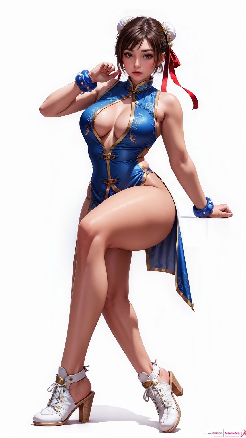 chunli, street fight 6, wearing cheongsam white, blue, gold, attractive female, full body image, front - facing looking at camera a Latina athletic body, attractive female, full body image, front - facing looking at camera, <lora:EMS-14454-EMS:0.3>, <lora:EMS-14413-EMS:1.2>, <lora:EMS-20894-EMS:0.4>, <lora:EMS-14488-EMS:0.8>