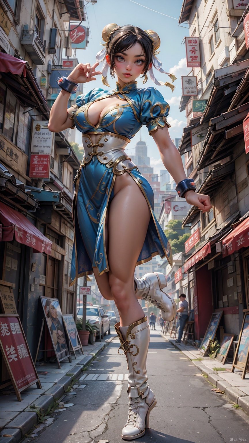 chunli, street fight 6, wearing cheongsam white, blue, gold, attractive female, full body image, front - facing looking at camera a Latina athletic body, attractive female, full body image, front - facing looking at camera,Standing split,Real,Slightmuscle, <lora:EMS-14413-EMS:1.2>, <lora:EMS-20894-EMS:0.4>, <lora:EMS-16673-EMS:0.4>, <lora:EMS-8358-EMS:0.4>