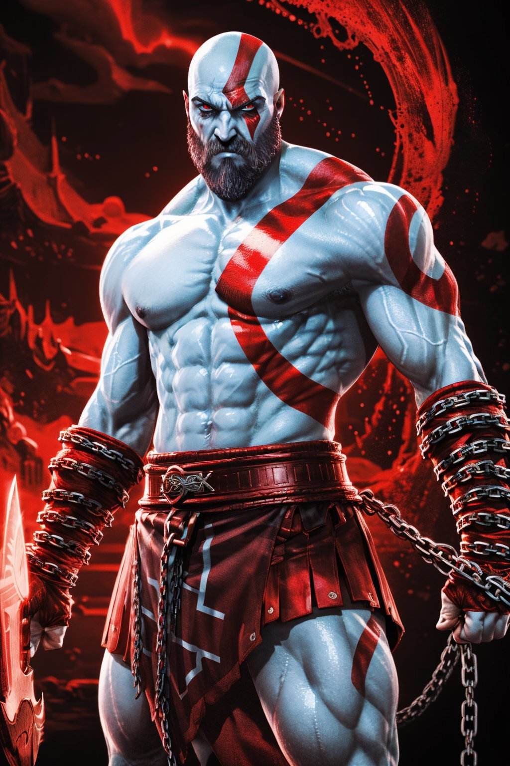 (masterpiece, best quality, detailed:1.2),  <lora:kratos-15:0.7> ,kratosGOW_soul3142, solo, red eyes, 1boy, weapon, male focus, tattoo, muscular, glowing, facial hair, chain, abs, glowing eyes, topless male, bald, manly, glowing eye