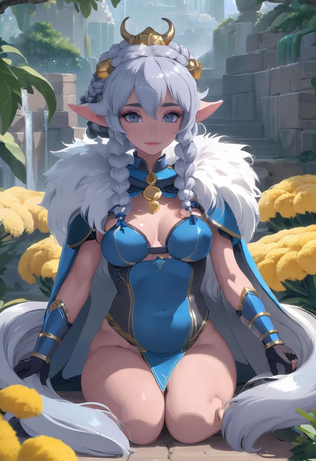 (full body:1.5), fierce desert amazon warrior, fur pauldrons, , (warpaint:1.4), shiny blue-grey hair, hair ringsfur cape, lying, with a pet Goat, caucasian, in a Roman landscape, in an  indoor garden, bombshell hair, goldenrod hair, Ringlet Curls,braid, shrugging, anime movie promotional still